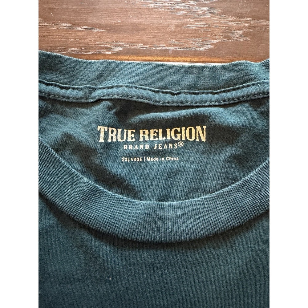 True Religion Mens 2XL Teal Green Graphic T-Shirt Guitar Floral Embroidered Tee - Picture 3 of 6